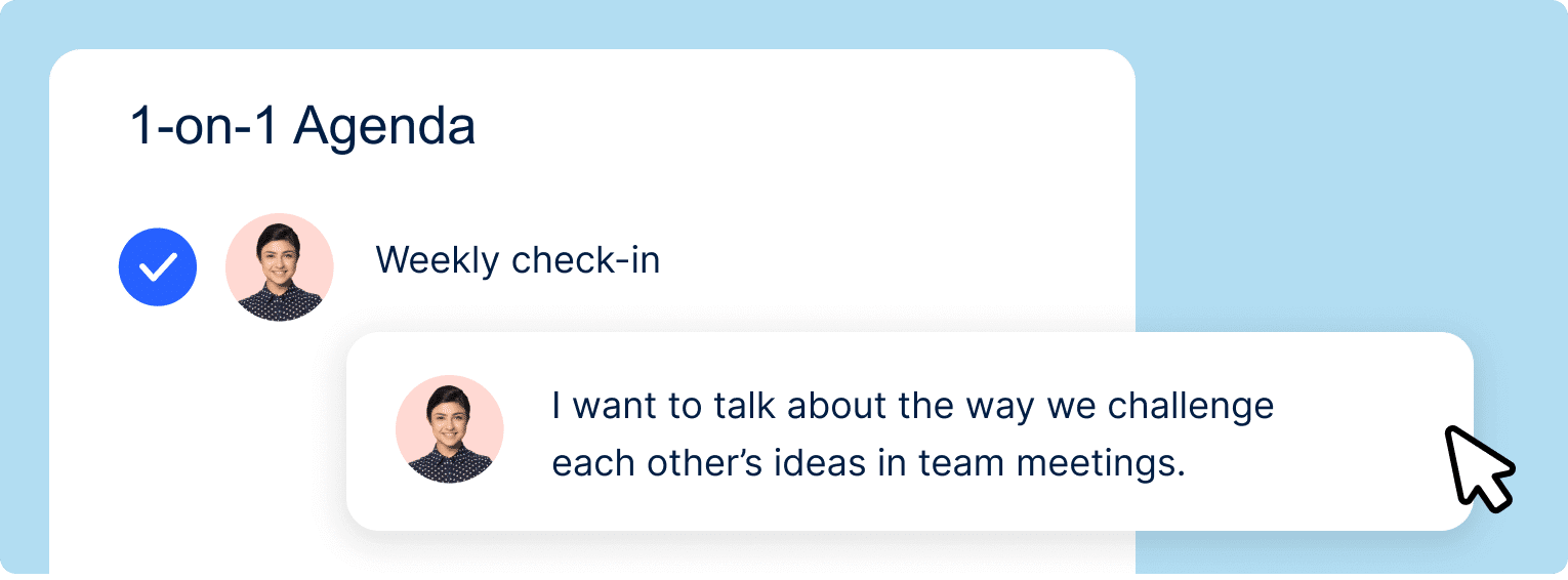 Screenshot of Officevibe 1-on-1 feature that allows employees to add talking points to an upcoming meeting's agenda