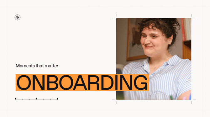 A young woman with curly hair, smiling warmly, is featured in a professional presentation slide titled 'ONBOARDING' with the subtitle 'Moments that matter'. The design includes a bold orange font for the word 'ONBOARDING' against a clean white background, emphasizing the theme of welcoming new employees.