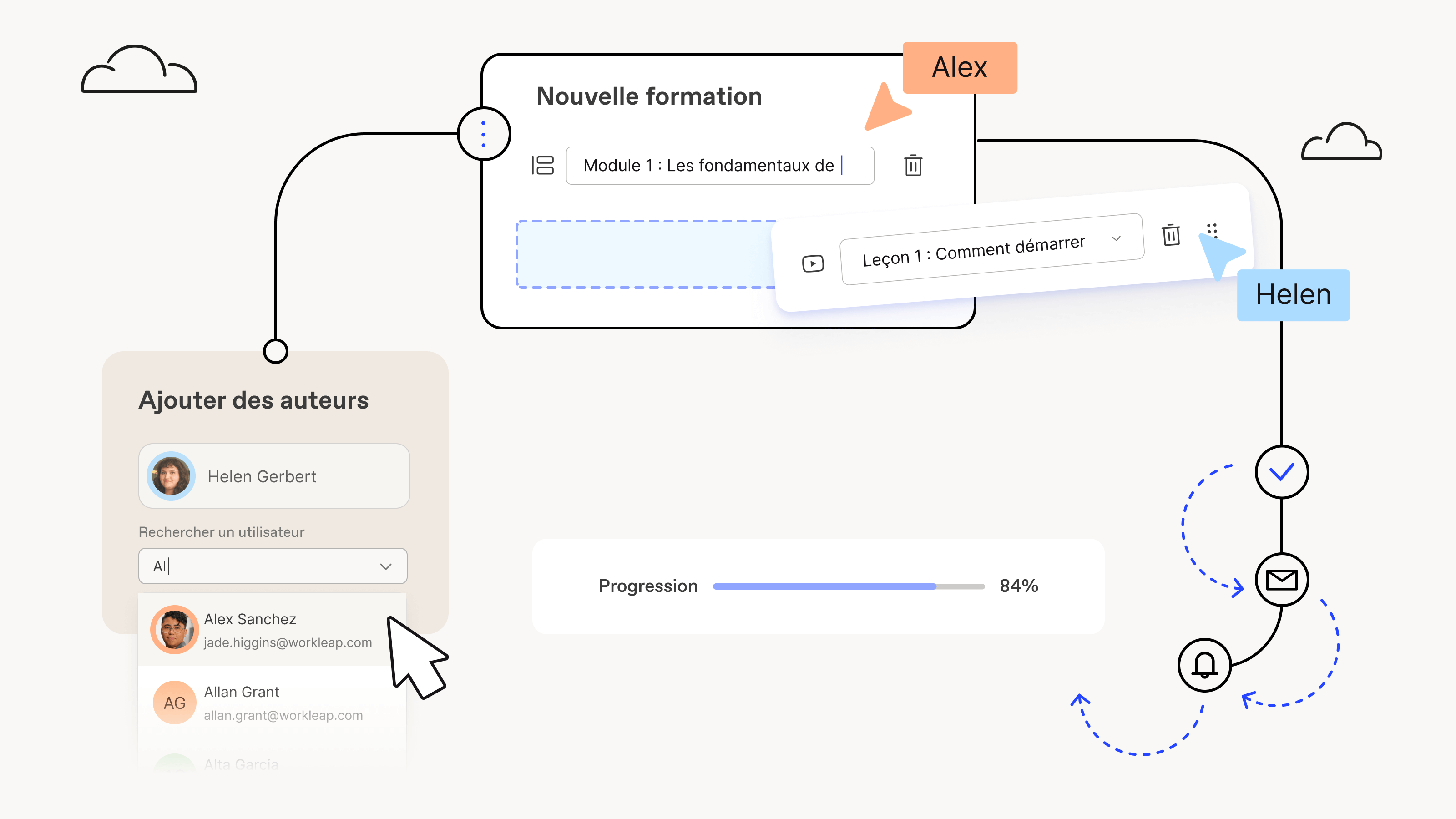 Plusieurs experts collaborent dans Workleap LMS en tant qu'auteurs d'un nouveau parcours de formation avec des rappels de progression automatisés.