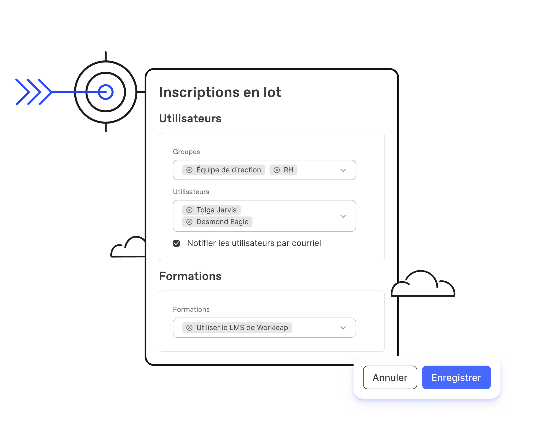 Sélection du type d'inscription, des utilisateurs ou des groupes et des formations pour inscrire des employés en lot dans Workleap LMS.