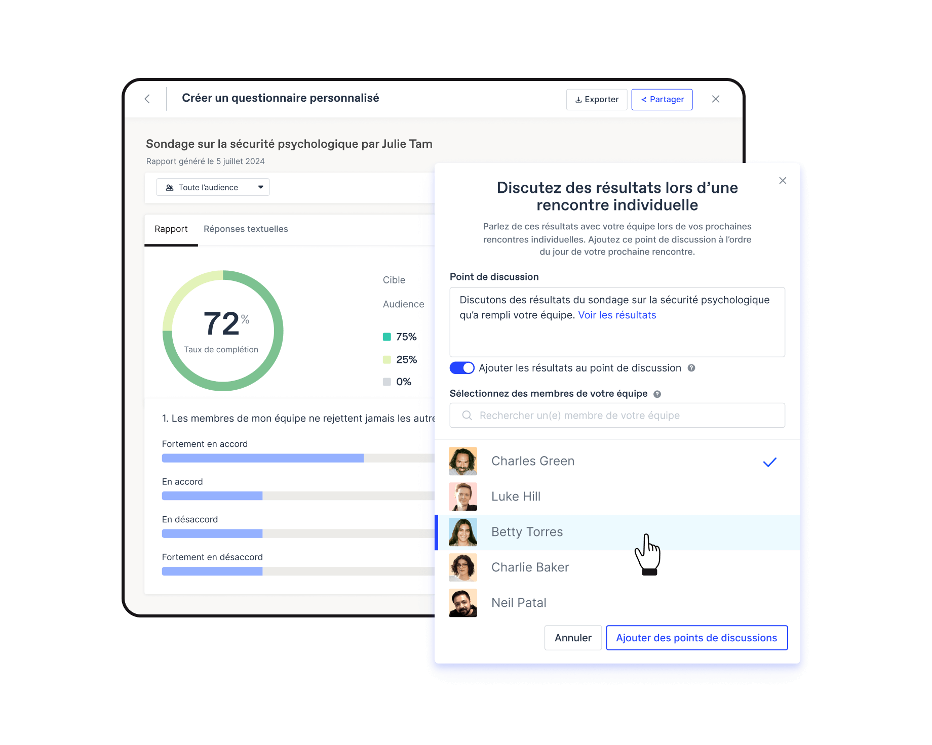 Résultats du sondage personnalisé Officevibe, permettant d'ajouter les résultats comme sujet à une réunion 1-on-1 avec l'équipe.