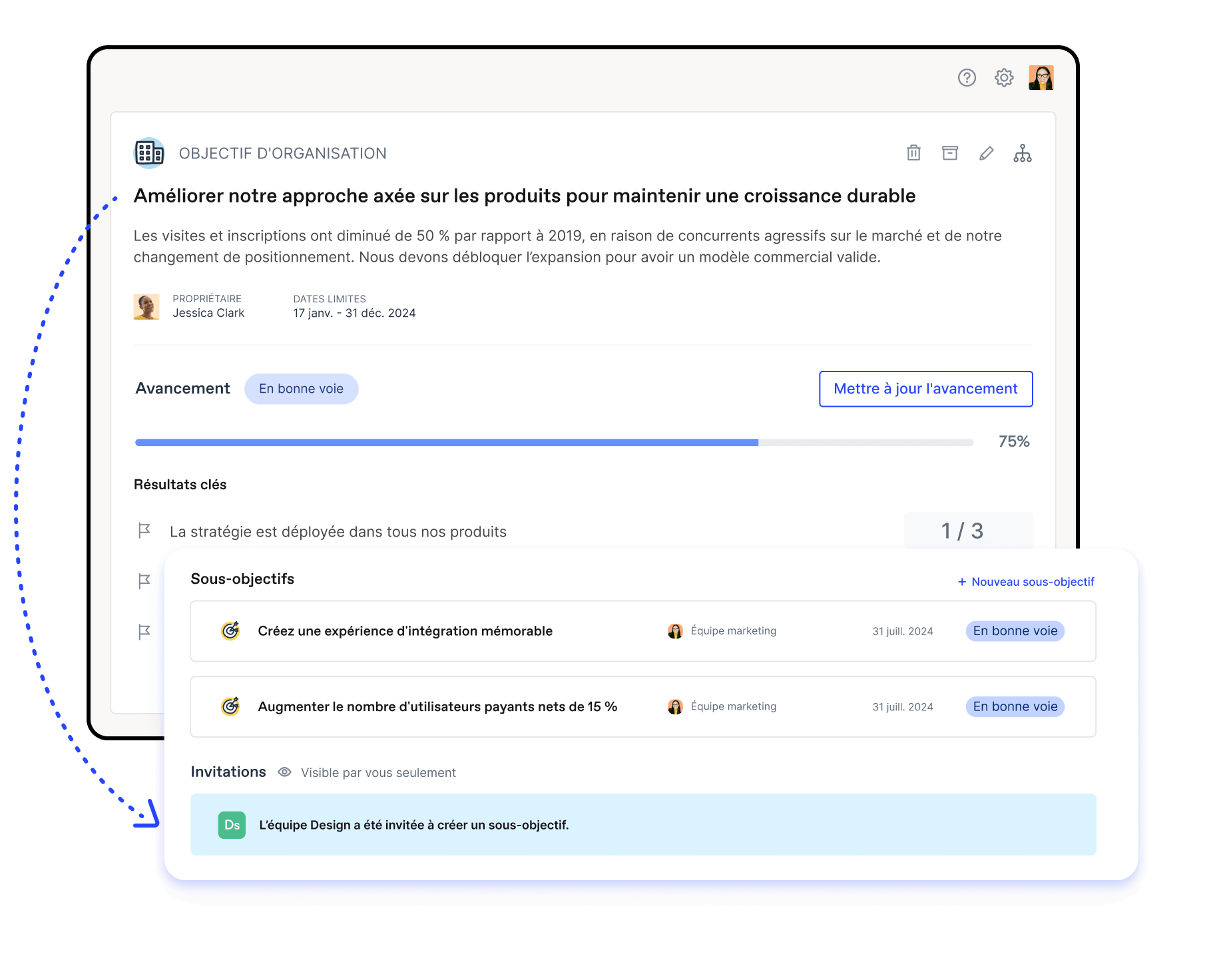 Création de sous-objectifs et gestion des invitations pour soutenir la réalisation d'un objectif organisationnel dans Officevibe.