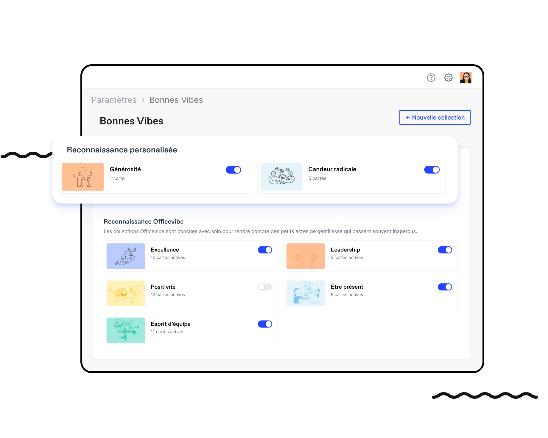Les paramètres Good Vibes d'Officevibe permettant de créer et gérer des collections de cartes que les employés peuvent utiliser.