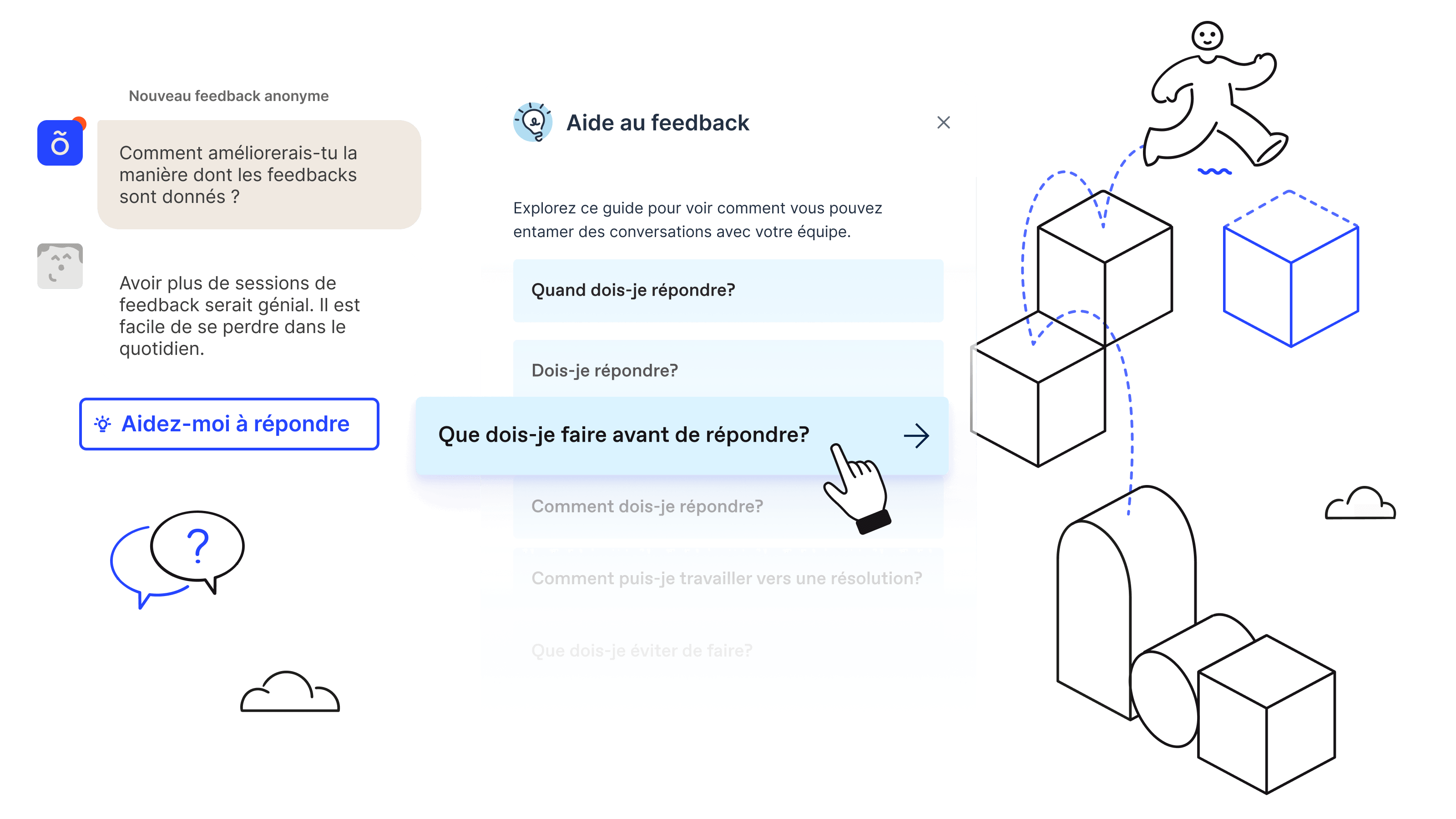 Help me reply button in Officevibe that shares feedback guidance to managers such as "What should I do before I reply?"