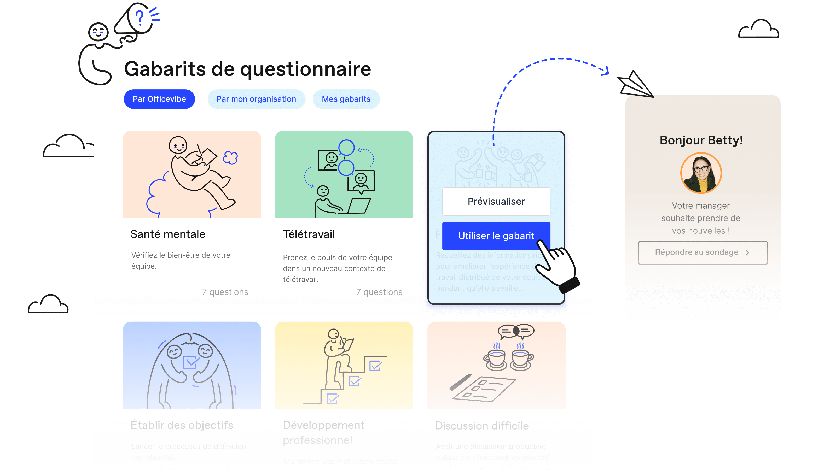 Liste de gabarits de sondage personnalisé Officevibe pour filtrer, prévisualiser, utiliser et créer des gabarits de sondage.