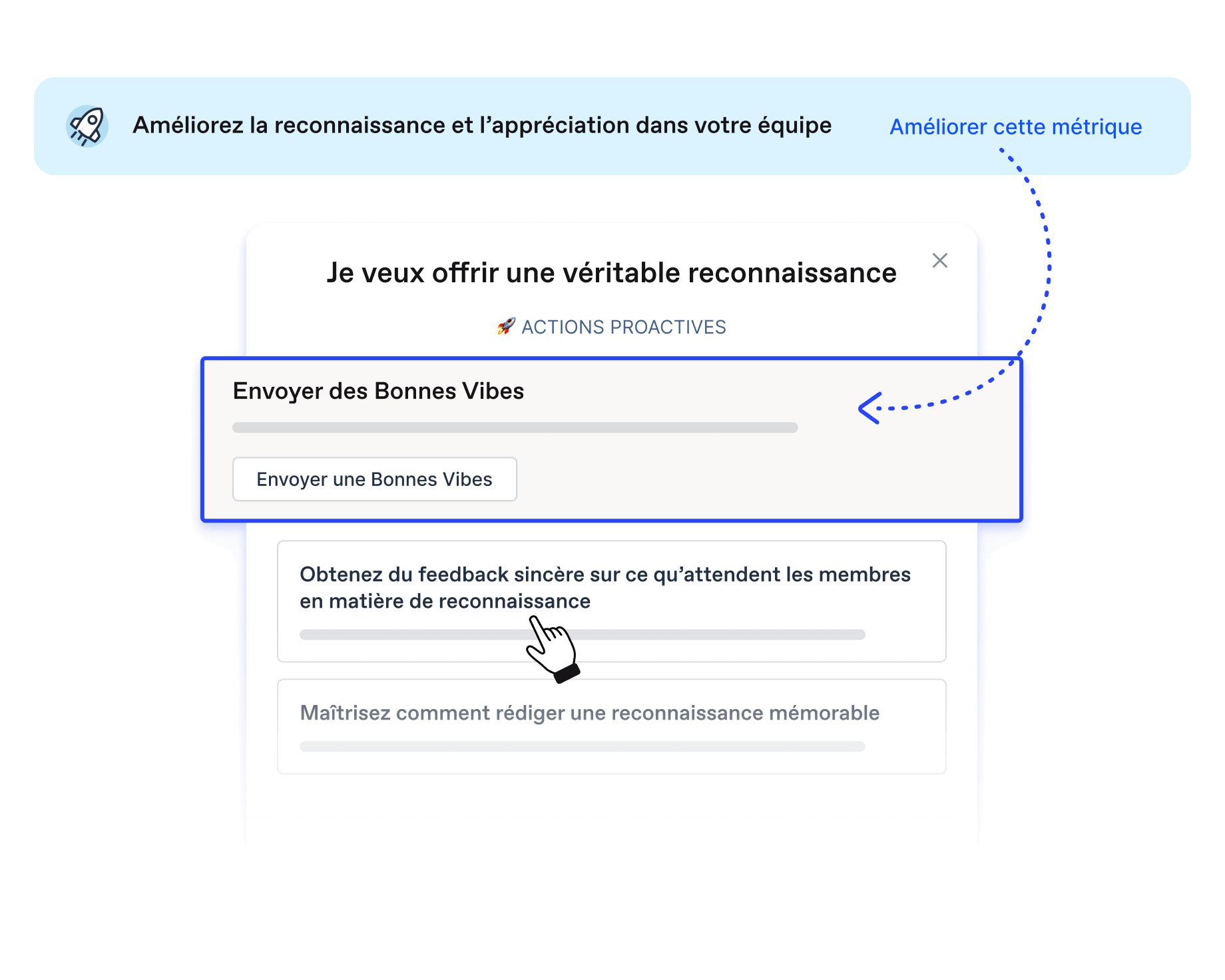 Actions proactives suggérées par Officevibe pour augmenter la reconnaissance et l'appréciation, tel que l'envoi de Good Vibes.