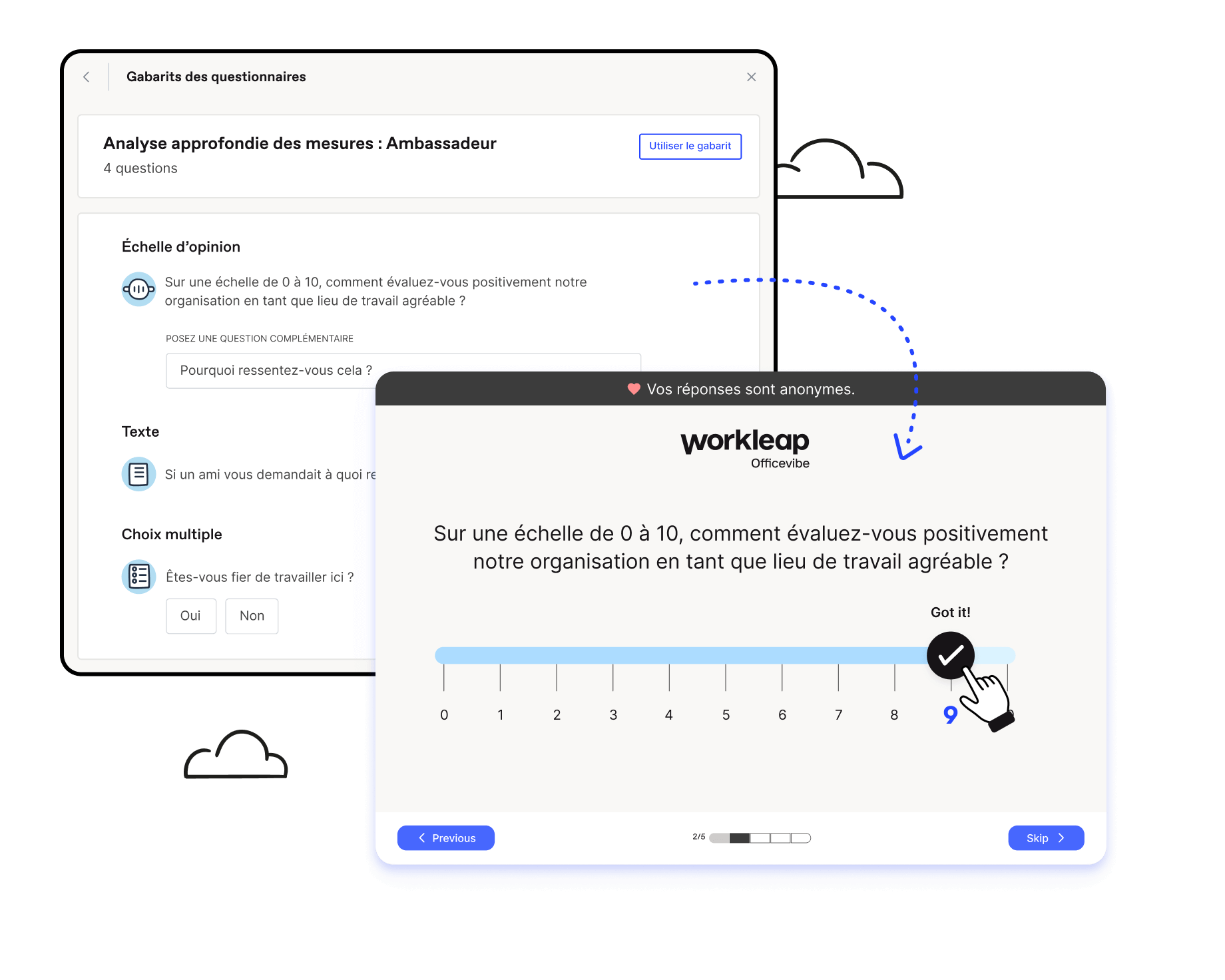 Édition du gabarit de sondage personnalisé d'Officevibe pour gérer les questions avec échelles, textes et choix multiples.