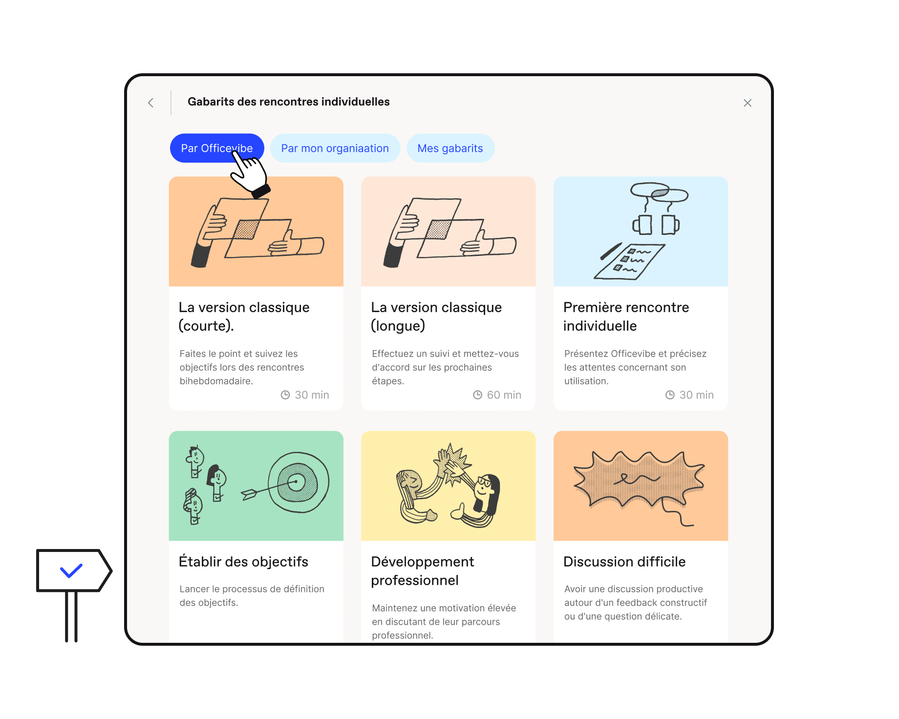 Liste de gabarits 1-on-1 d'Officevibe pour filtrer, prévisualiser, utiliser et créer des gabarits de réunion 1-on-1.