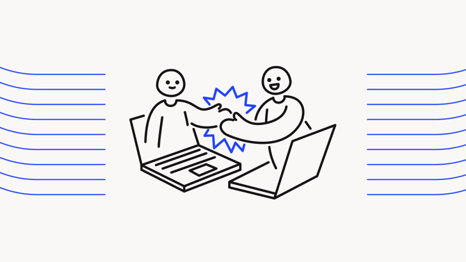 Two figures giving each other high fives through their computer screens