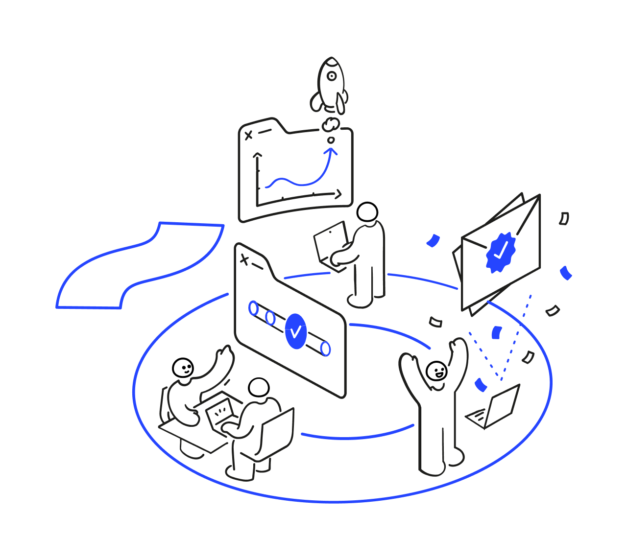 Illustration representing Workleap Officevibe: Cheerful employees use various engagement, performance management, and recognition tools in the Workleap ecosystem.