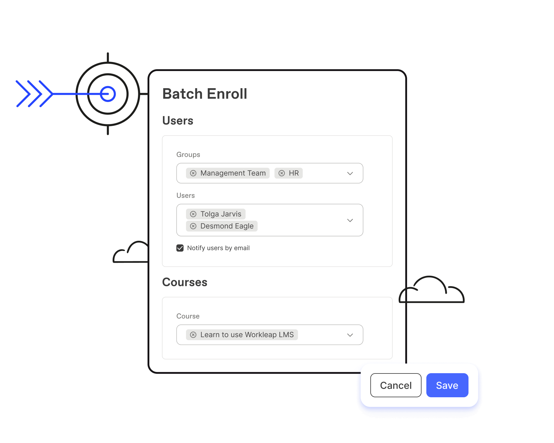 Selecting enrollment type, users or groups and courses to batch enroll employees in Workleap LMS.