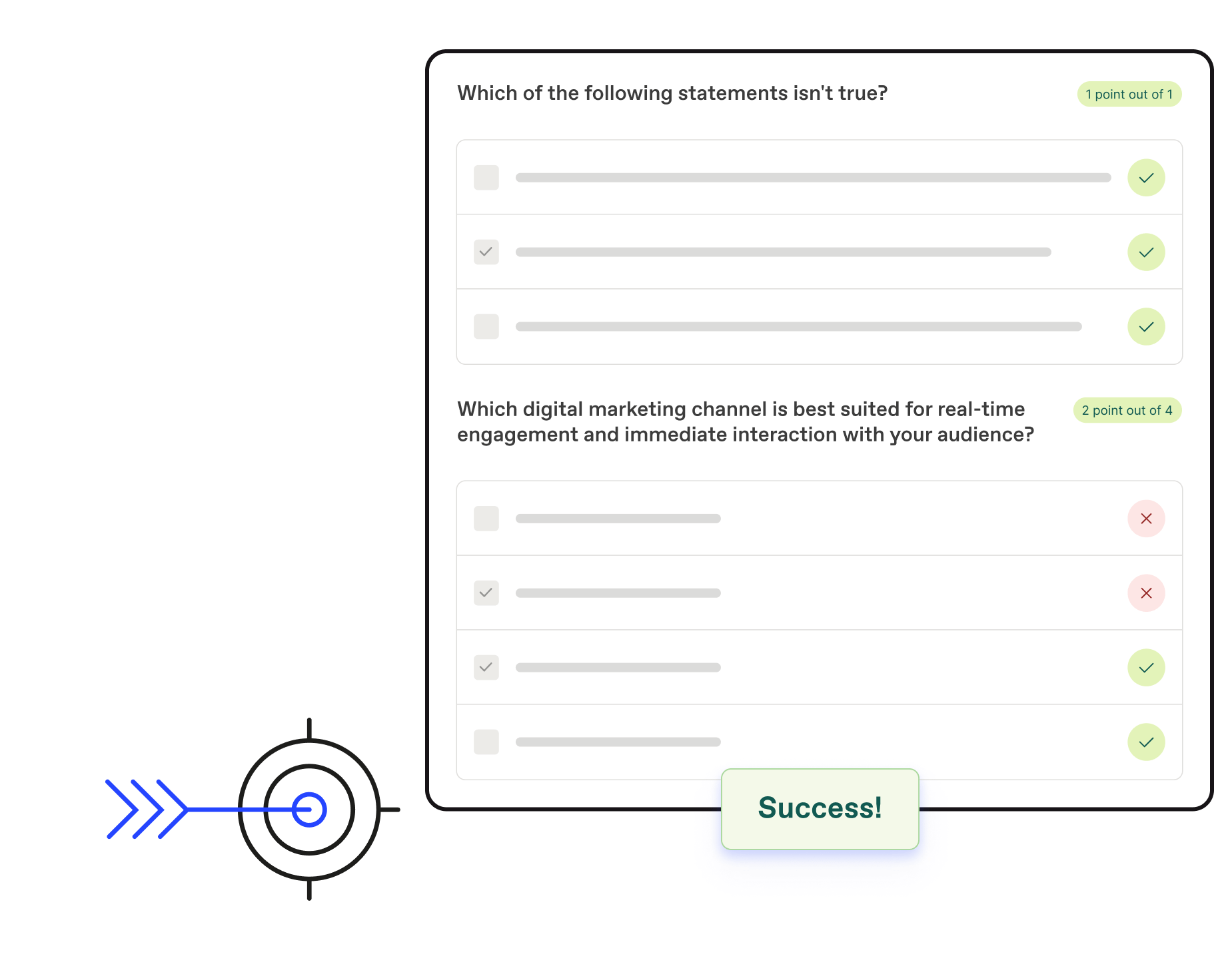 Automatic correction of an exam containing only multiple choices questions in Workleap LMS showing the user's score.