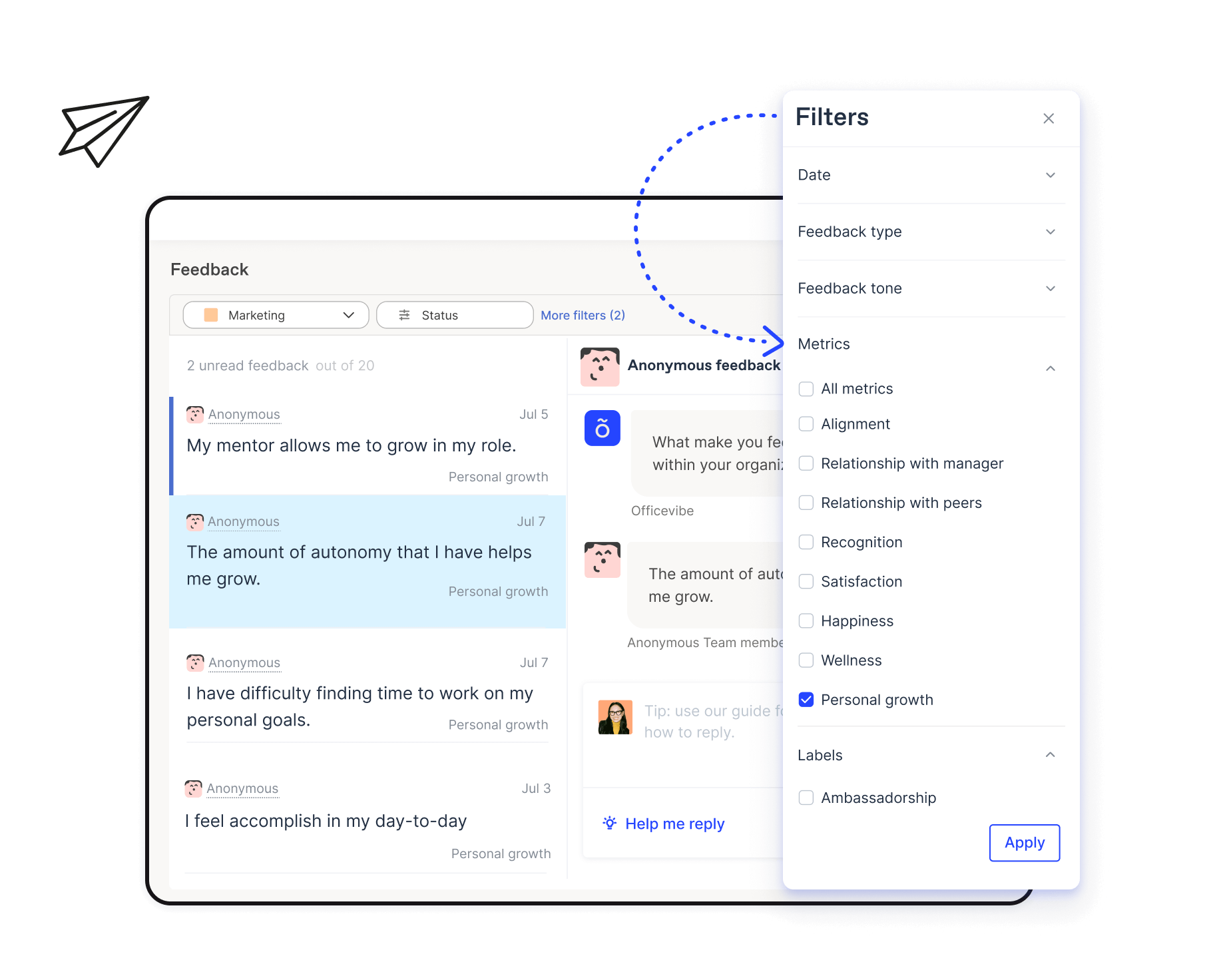 Officevibe feedback filtering options to filter pulse survey answers by date, type, tone, metrics and label.