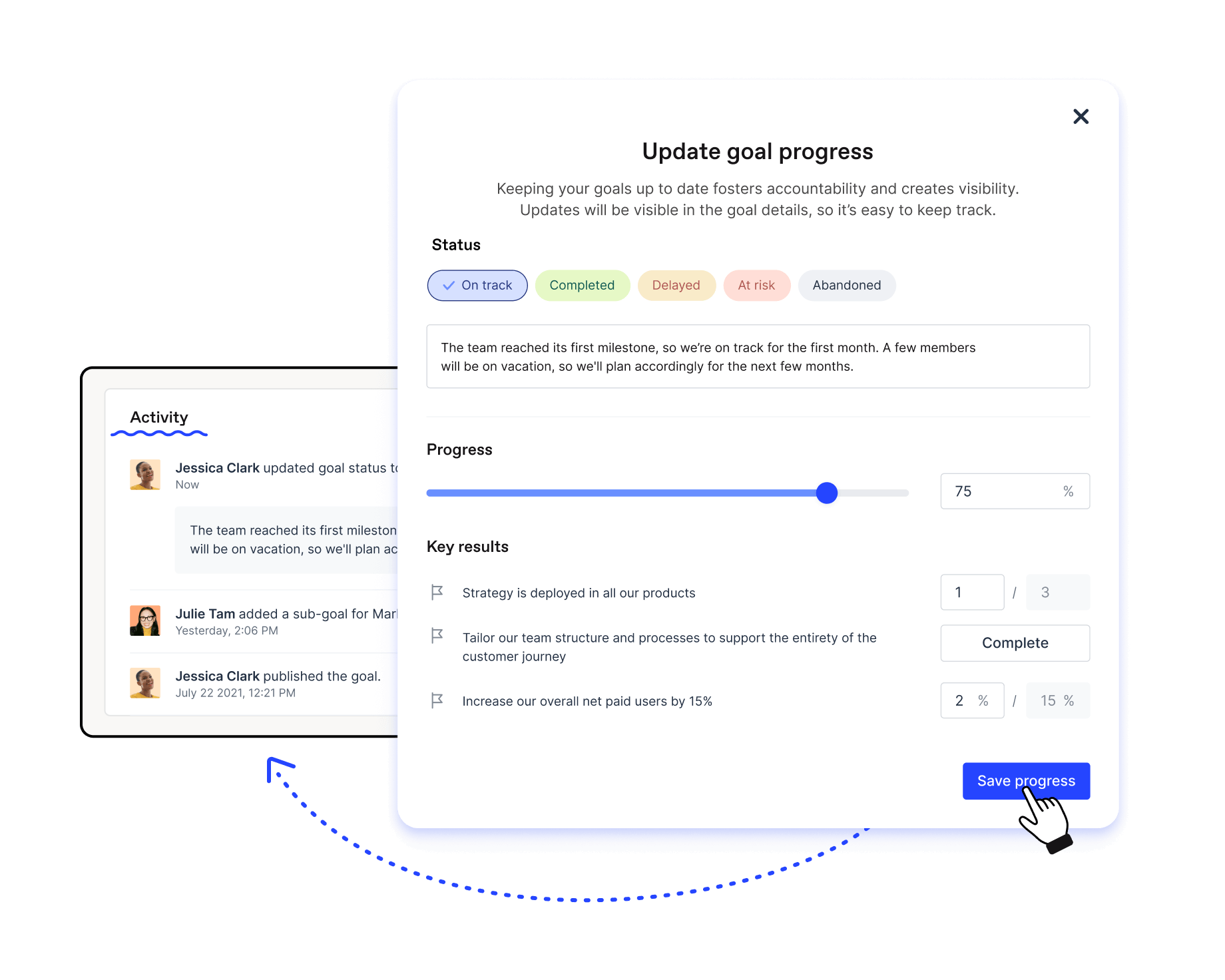 Update goal progress in Officevibe to set current status, add some comments, edit progress and report on key results.