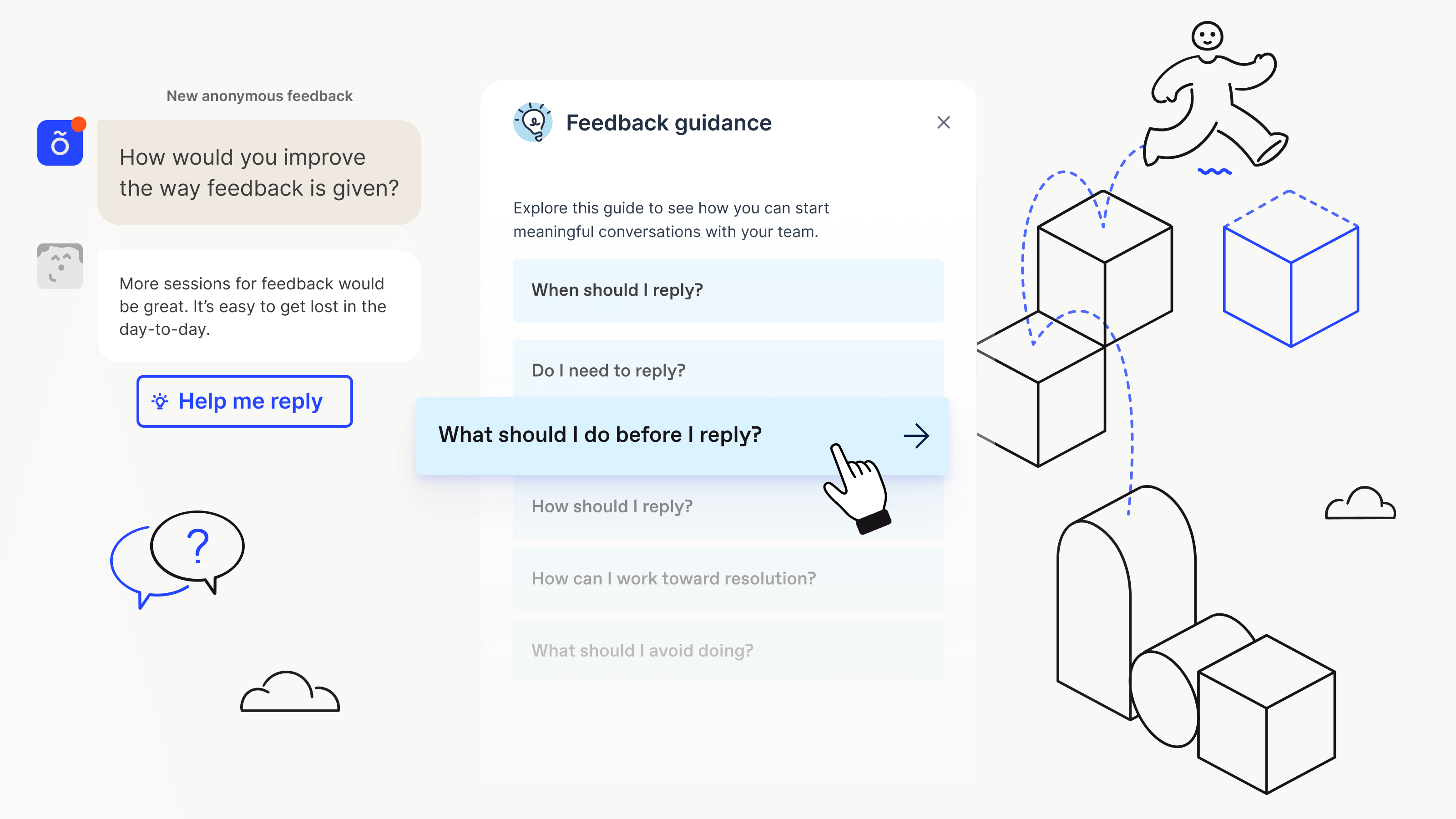 Help me reply button in Officevibe that shares feedback guidance to managers such as "What should I do before I reply?"