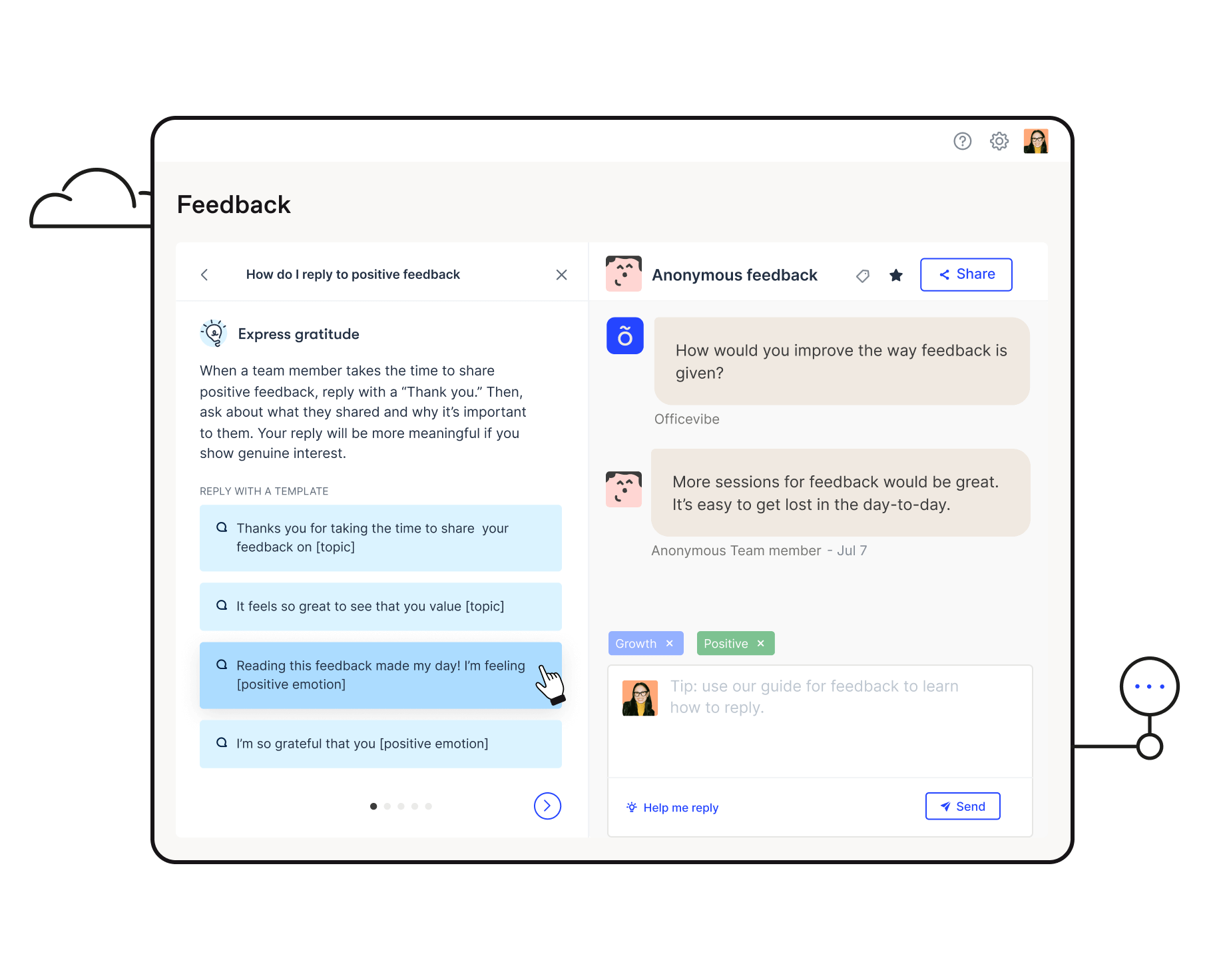 Example of feedback guidance in Officevibe helping managers to better express gratitude through a response template.