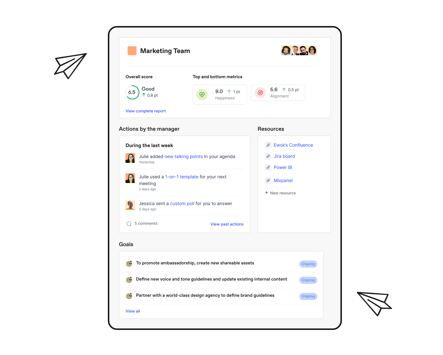 Officevibe team hub showing an overview of the team's score and metrics, actions taken by the manager, resources and goals.