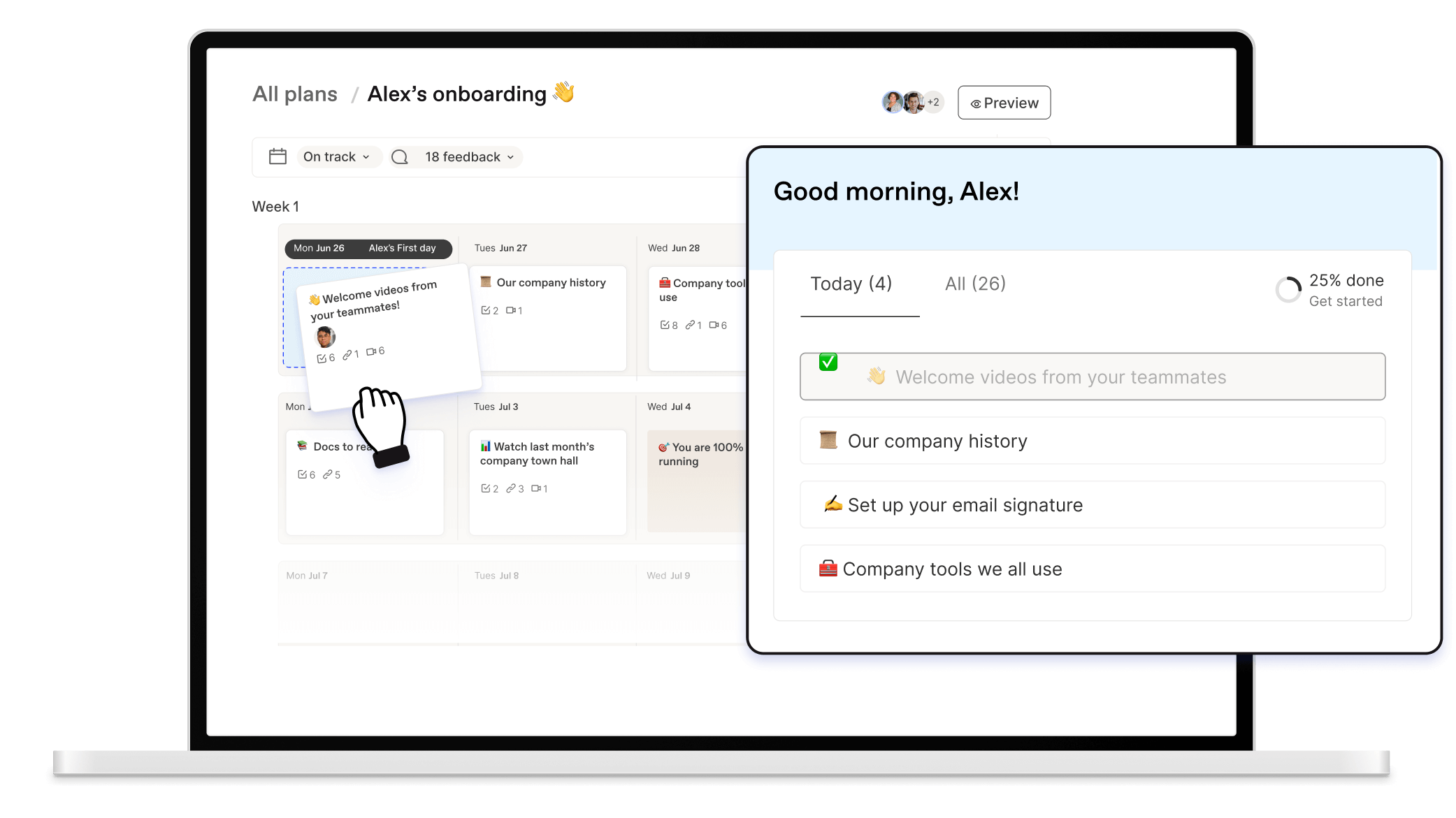 Workleap's Onboarding software dashboard : Task flexibility demonstrated, allowing seamless customization and rearrangement of onboarding plan